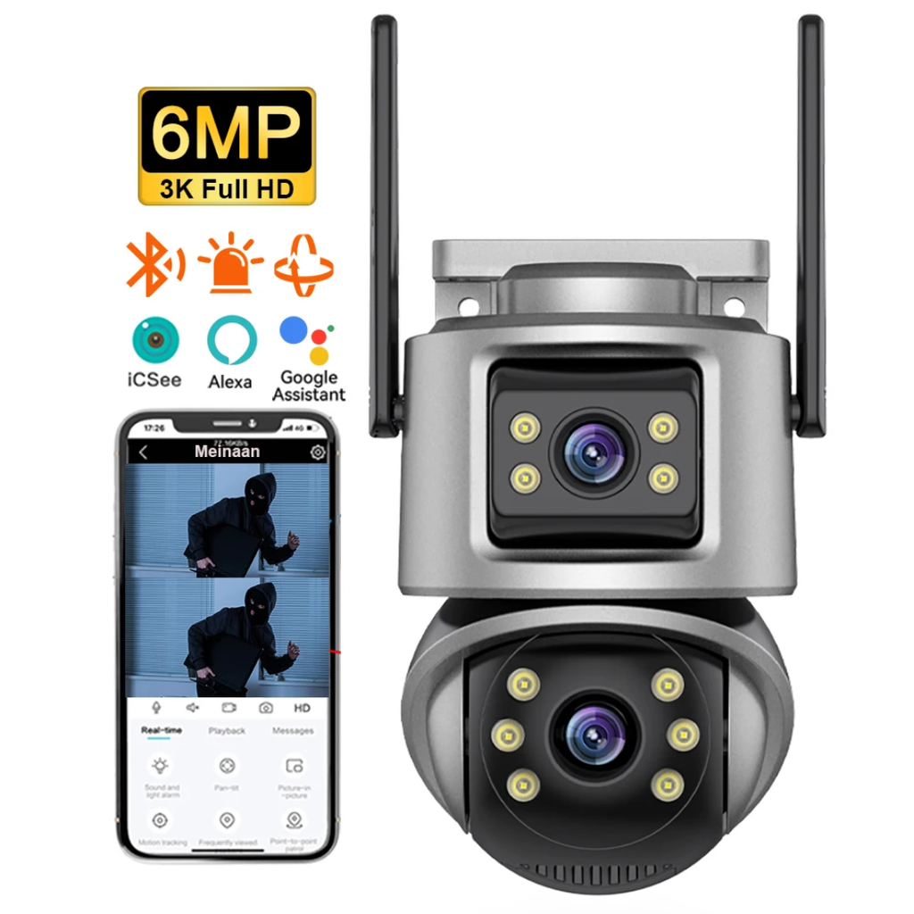 6MP Dual Lens PTZ WiFi Security Camera – iCSee Smart Outdoor CCTV Surveillance System