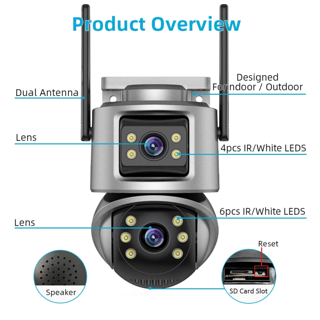 6MP Dual Lens PTZ WiFi Security Camera – iCSee Smart Outdoor CCTV Surveillance System